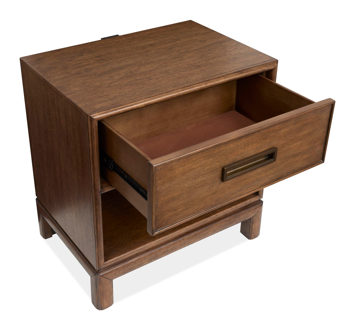 Magnussen Home Ridgefield Russet Queen Upholstered Panel Storage Bed With Open Nightstand