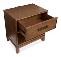 Magnussen Home Ridgefield Russet Queen Upholstered Panel Storage Bed With Open Nightstand