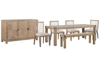 Magnussen Home Ainsley Cerused Khaki Extendable Rectangular Dining Table With 4 Side Chairs Bench And Buffet