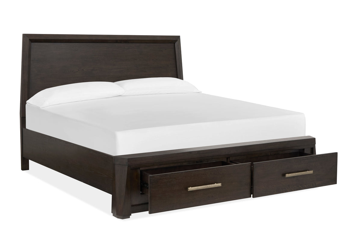 Magnussen Home Tauren Coffee Bean Queen Panel Storage Bed With Open Nightstand