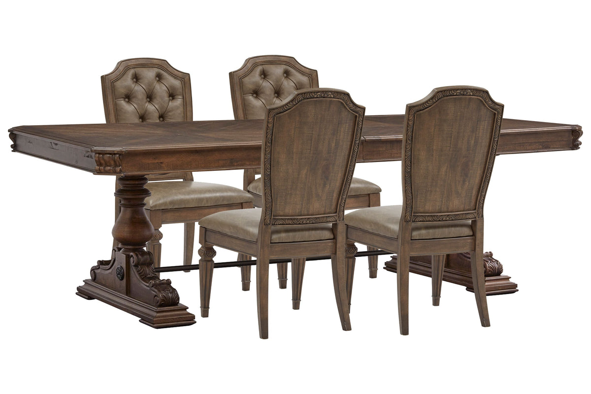 Magnussen Home Durango Willadeene Brown Extendable Trestle Dining Table With 4 Upholstered Side Chairs