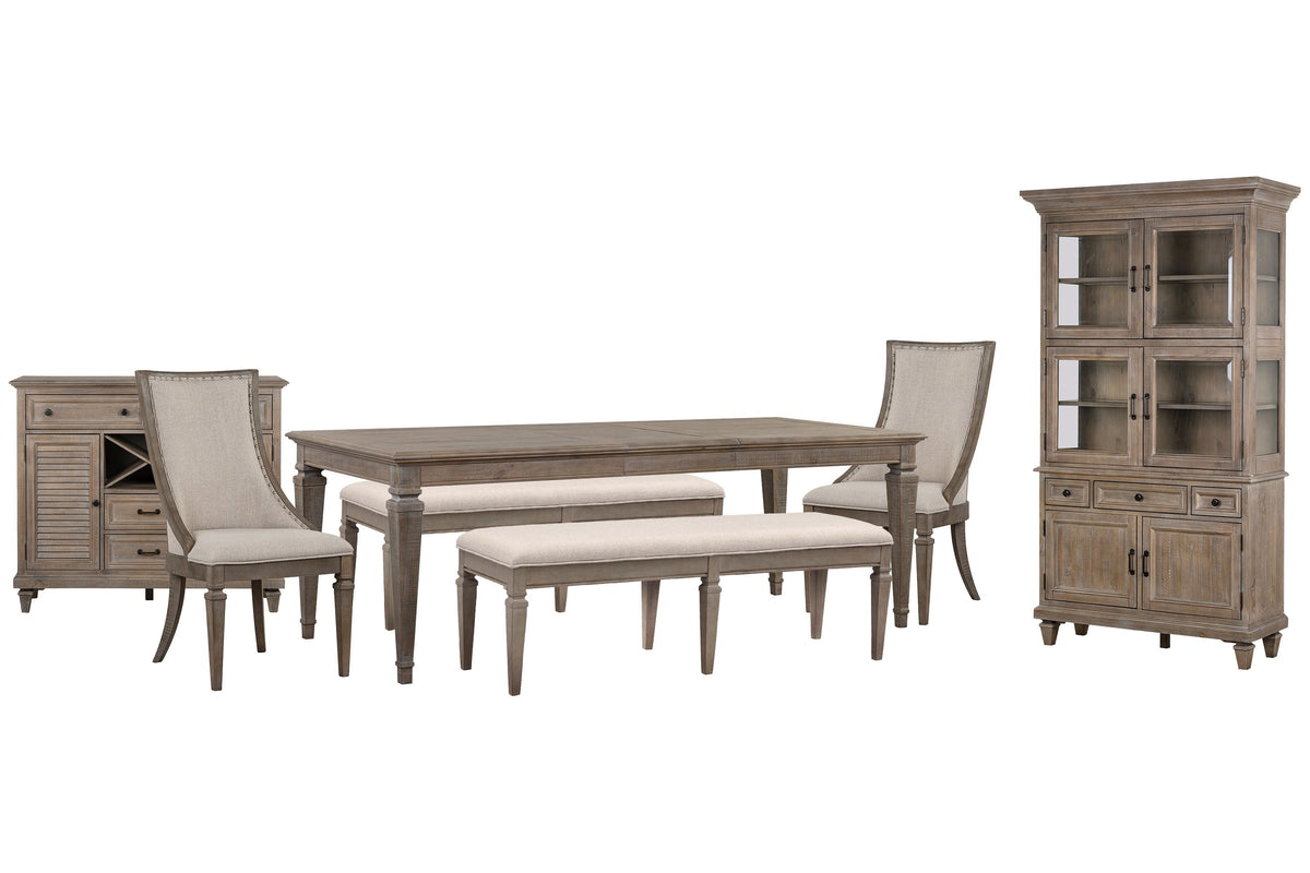Magnussen Home Lancaster Dovetail Grey Extendable Rectangular Dining Table 2 Benches 2 Arm Chairs Server And Dining Cabinet