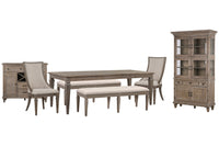 Magnussen Home Lancaster Dovetail Grey Extendable Rectangular Dining Table 2 Benches 2 Arm Chairs Server And Dining Cabinet
