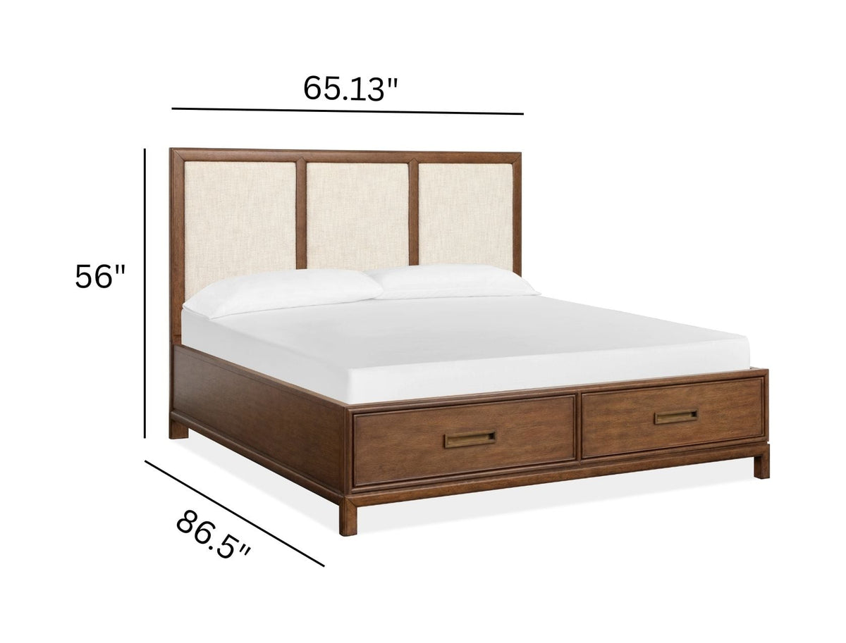 Magnussen Home Ridgefield Russet Queen Upholstered Panel Storage Bed With Open Nightstand