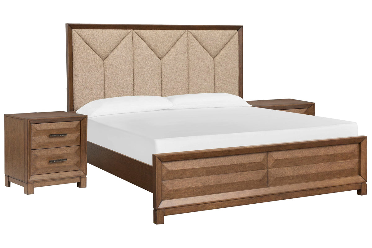 Magnussen Home Callisto Bourbon Brown Queen Upholstered Panel Bed With 2 Nightstands