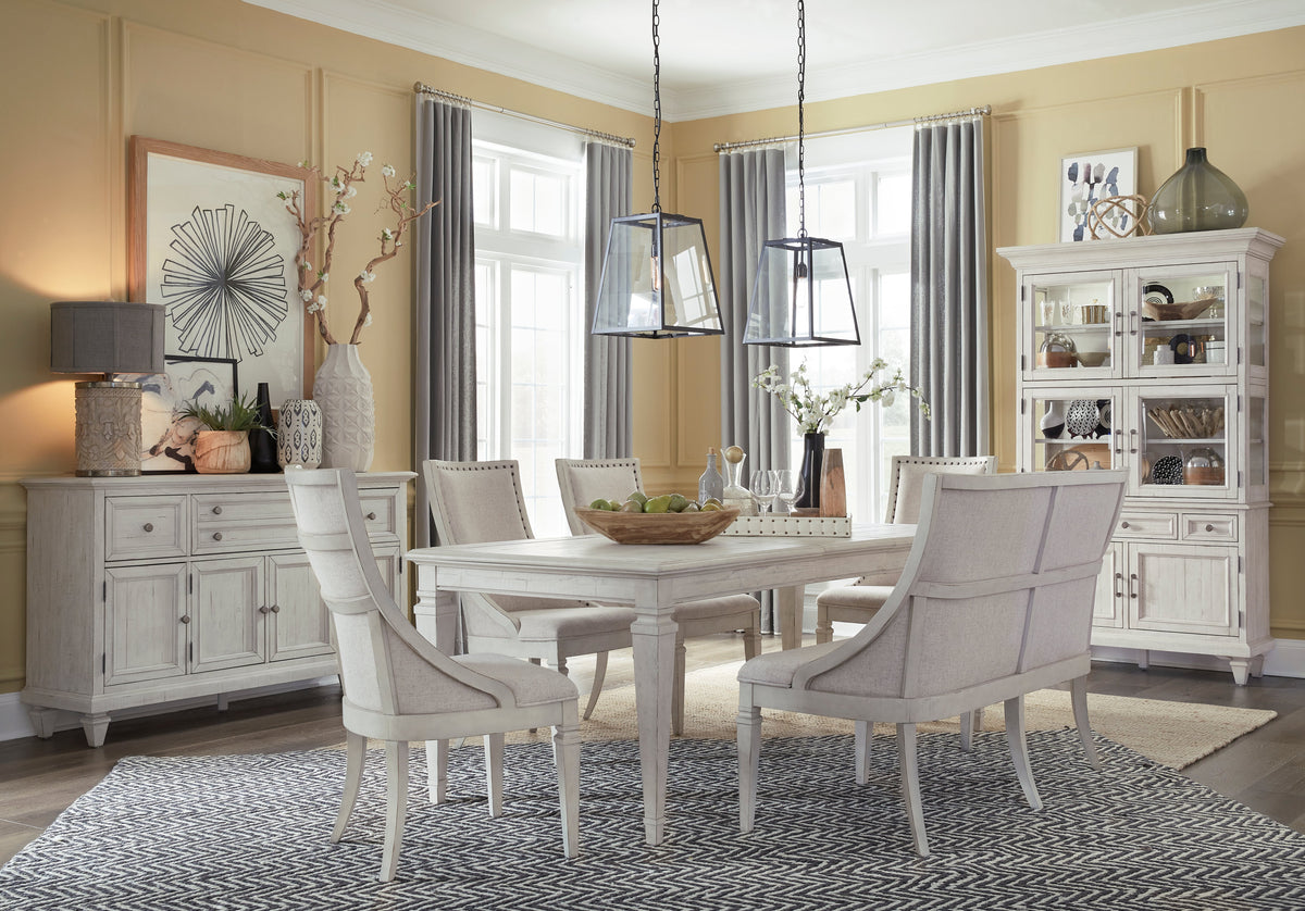 Magnussen Home Newport Alabaster Extendable Rectangular Dining Table With 4 Arm Chairs Upholstered Bench And Buffet
