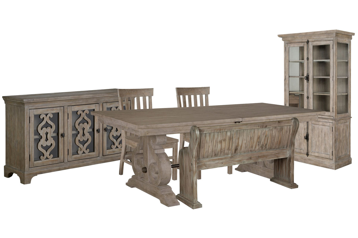 Magnussen Home Tinley Park Dove Tail Grey Extendable Rectangular Dining Table With 2 Side Chairs Bench Server And Dining Cabinet