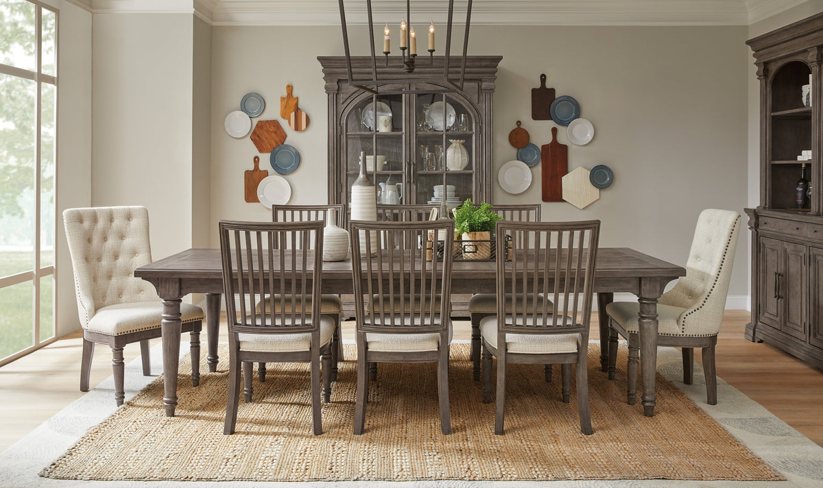 Pulaski Madison Ridge Natural Bark Extendable Leg Dining Table With 4 Side Chairs 2 Host Chairs And Server