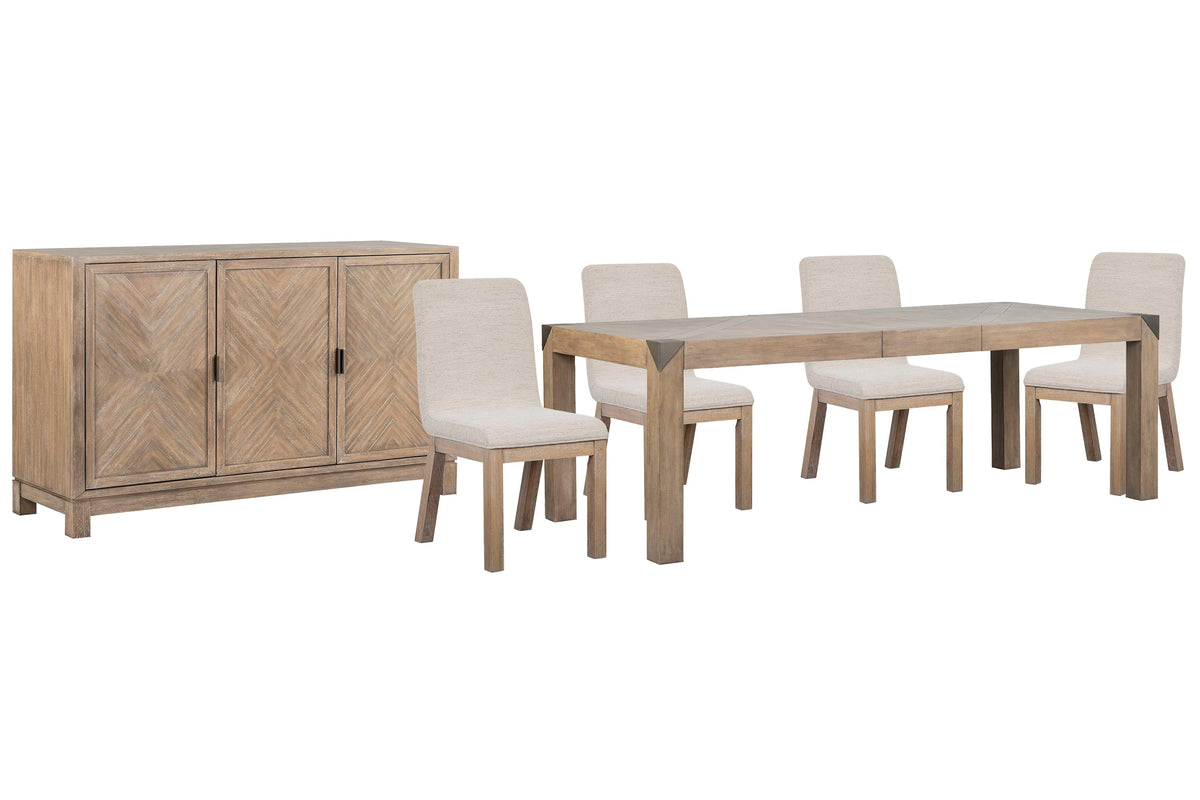 Magnussen Home Ainsley Cerused Khaki Extendable Rectangular Dining Table With 4 Host Chairs And Buffet