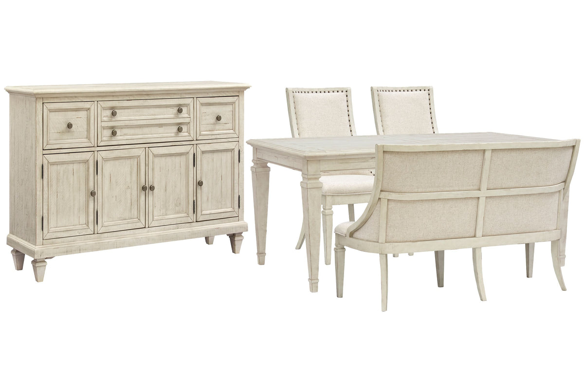 Magnussen Home Newport Alabaster Extendable Rectangular Dining Table With 2 Arm Chairs Upholstered Bench And Buffet