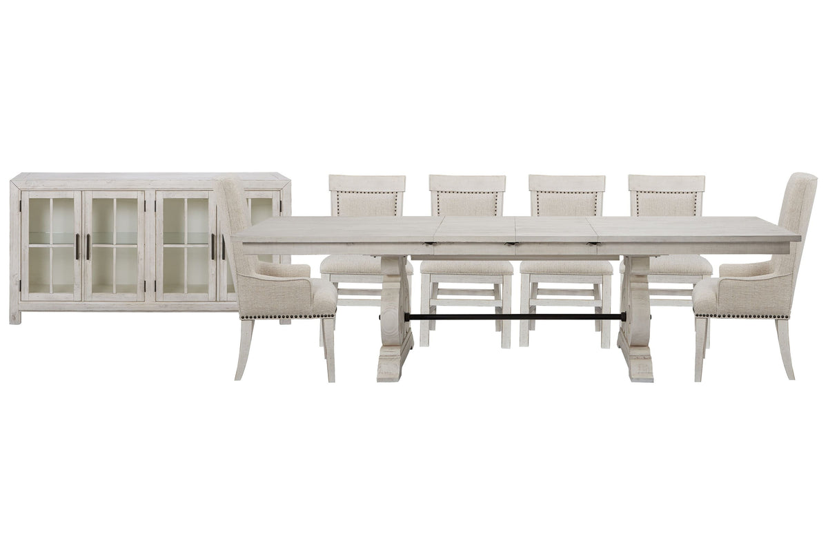 Magnussen Home Bronwyn Alabaster Extendable Rectangular Dining Table With 4 Upholstered Side Chairs 2 Host Chairs And Buffet