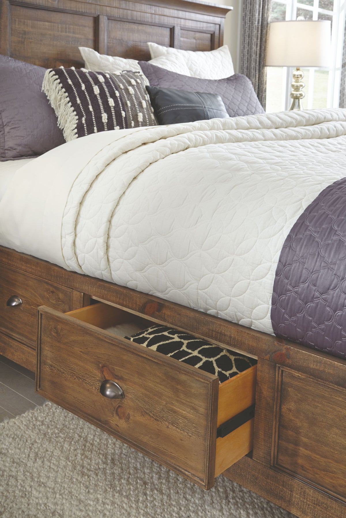 Magnussen Home Bay Creek Toasted Nutmeg King Panel Storage Bed 2 Small Nightstands Drawer Dresser With Landscape Mirror And Door Chest