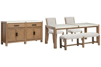 Magnussen Home Plum Creek Sierra Brown Rectangular Dining Table With 2 Upholstered Side Chairs Bench And Server