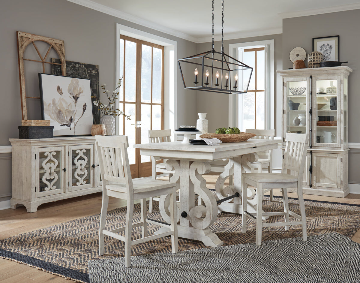 Magnussen Home Bronwyn Alabaster Extendable Rectangular Counter Height Dining Table With 4 Counter Chairs Server And Dining Cabinet