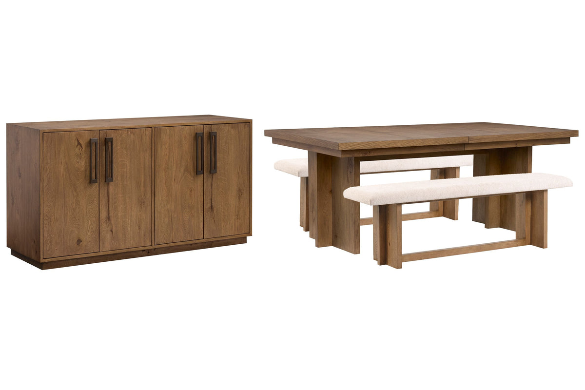 Magnussen Home Marcel Harvest Brown Extendable Trestle Dining Table With 2 Benches And Buffet