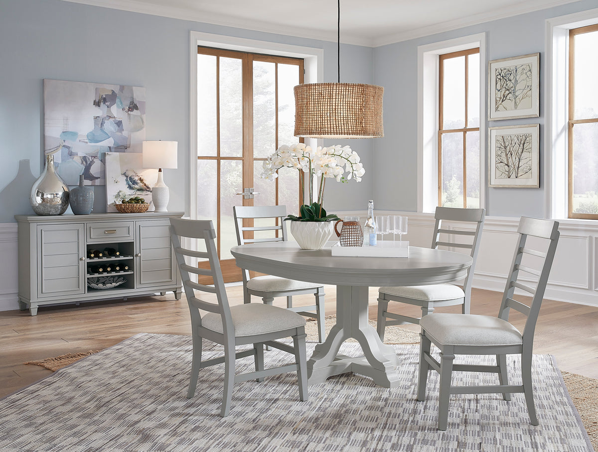Magnussen Home Charleston Harbor Gray Grey Extendable Rectangular Dining Table With 4 Side Chairs Bench And Server