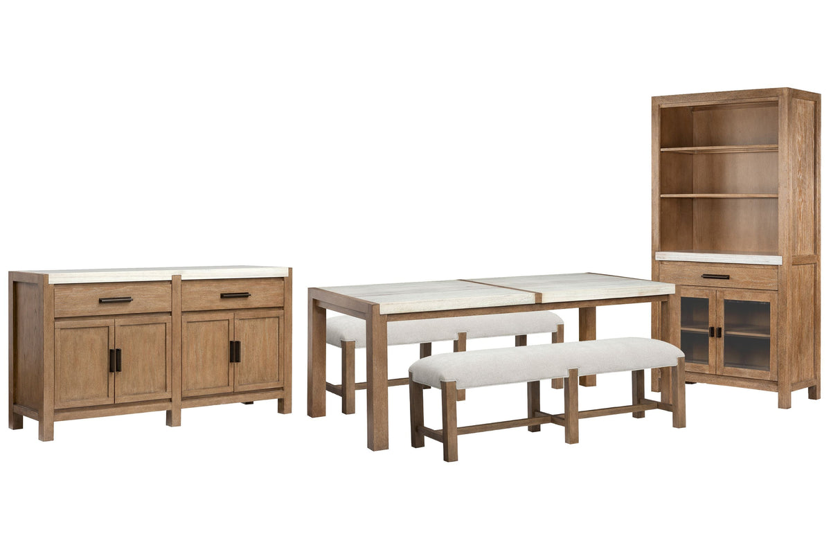 Magnussen Home Plum Creek Sierra Brown Rectangular Dining Table With 2 Benches Server And Display Cabinet