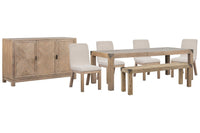 Magnussen Home Ainsley Cerused Khaki Extendable Rectangular Dining Table With 4 Host Chairs Bench And Buffet