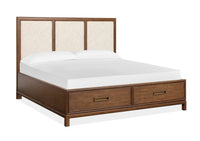 Magnussen Home Ridgefield Russet Queen Upholstered Panel Storage Bed With Open Nightstand