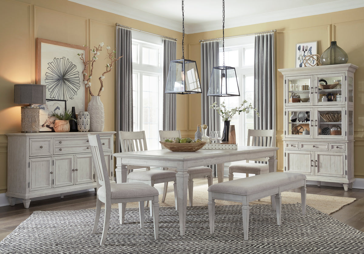 Magnussen Home Newport Alabaster Extendable Rectangular Dining Table With 2 Upholstered Benches 2 Side Chairs And Buffet