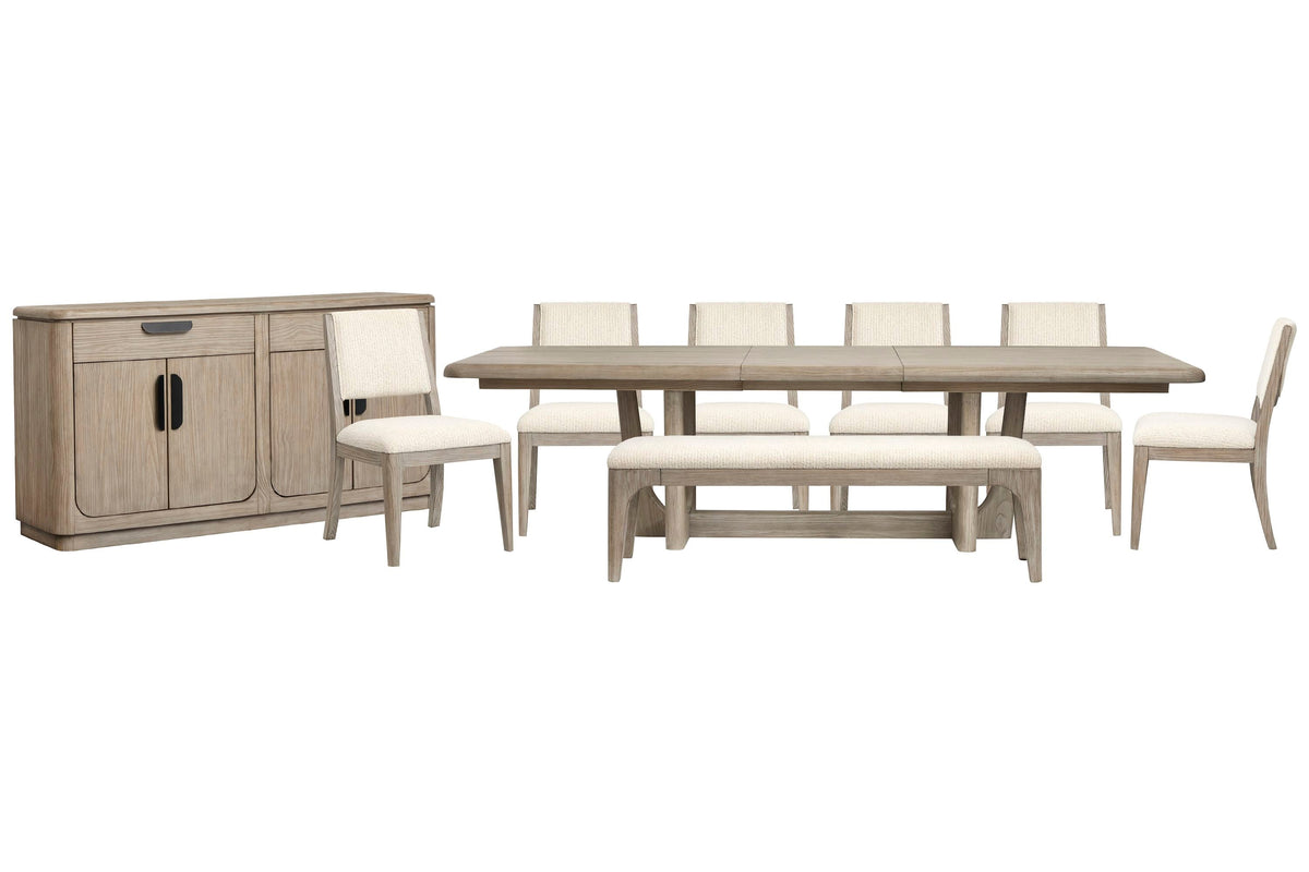 Magnussen Home Braelyn Dorian Grey Extendable Trestle Dining Table With 6 Side Chairs Bench And Server