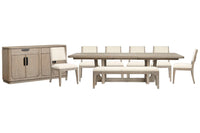 Magnussen Home Braelyn Dorian Grey Extendable Trestle Dining Table With 6 Side Chairs Bench And Server