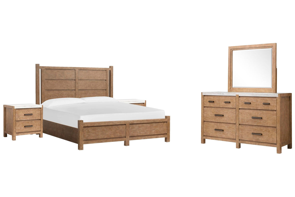 Magnussen Home Plum Creek Sierra Brown Queen Panel Bed 2 Nightstands And Drawer Dresser With Landscape Mirror