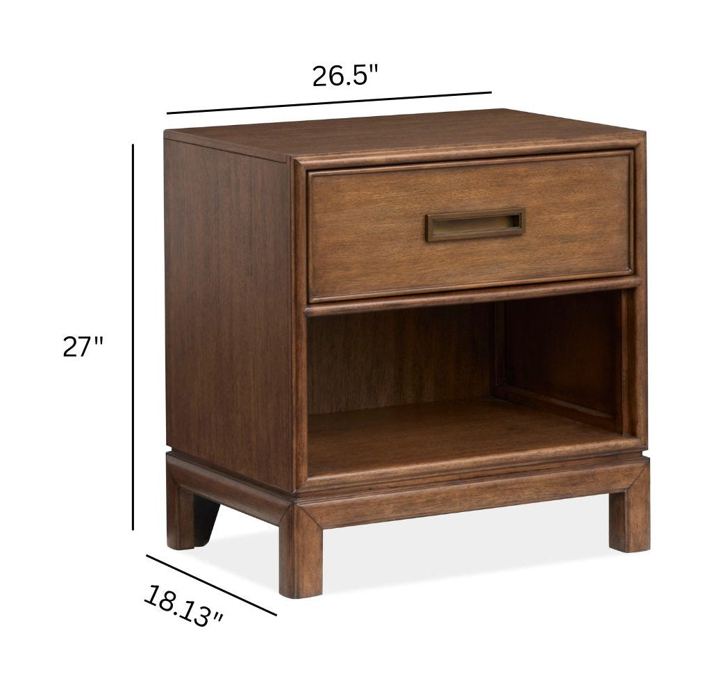 Magnussen Home Ridgefield Russet Queen Upholstered Panel Storage Bed With Open Nightstand