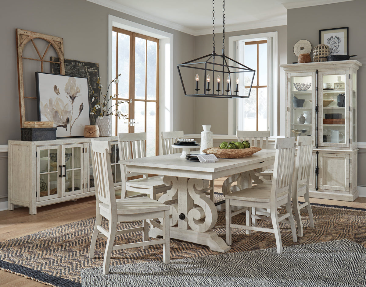 Magnussen Home Bronwyn Alabaster Extendable Rectangular Dining Table With 4 Upholstered Side Chairs 2 Host Chairs And Buffet