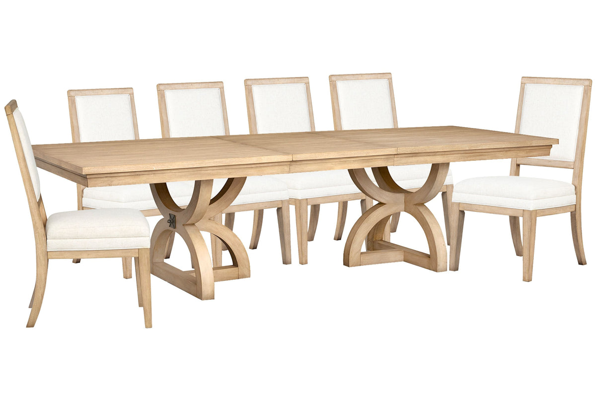 Magnussen Home Coventry Honey Maple Extendable Trestle Dining Table With 6 Upholstered Side Chairs