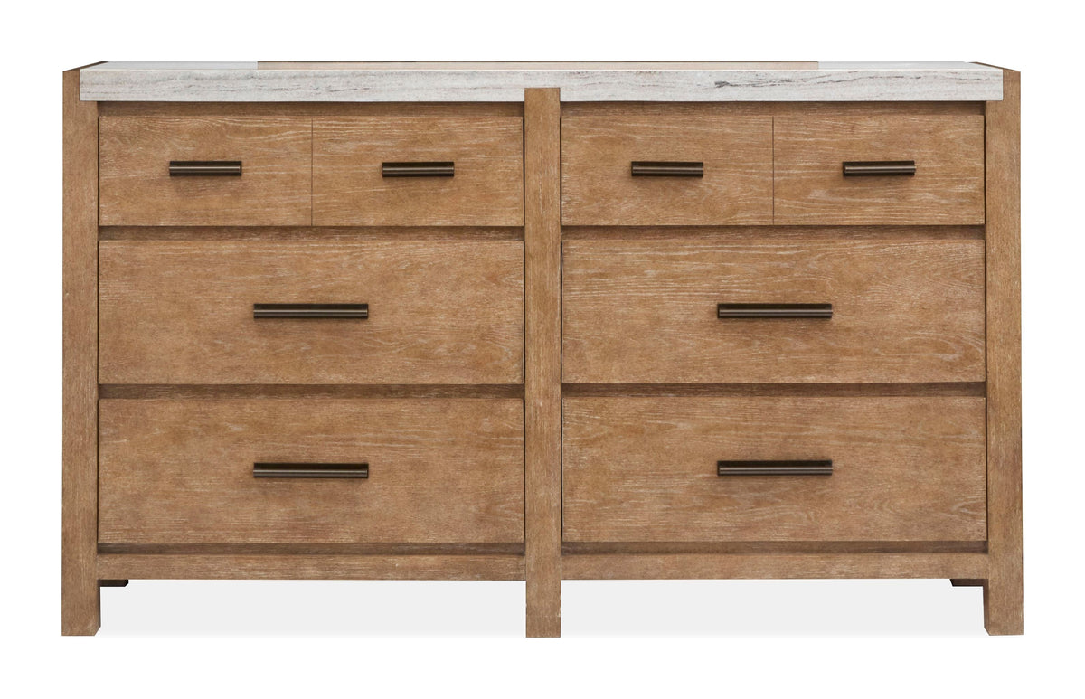 Magnussen Home Plum Creek Sierra Brown Queen Panel Bed 2 Nightstands And Drawer Dresser With Landscape Mirror