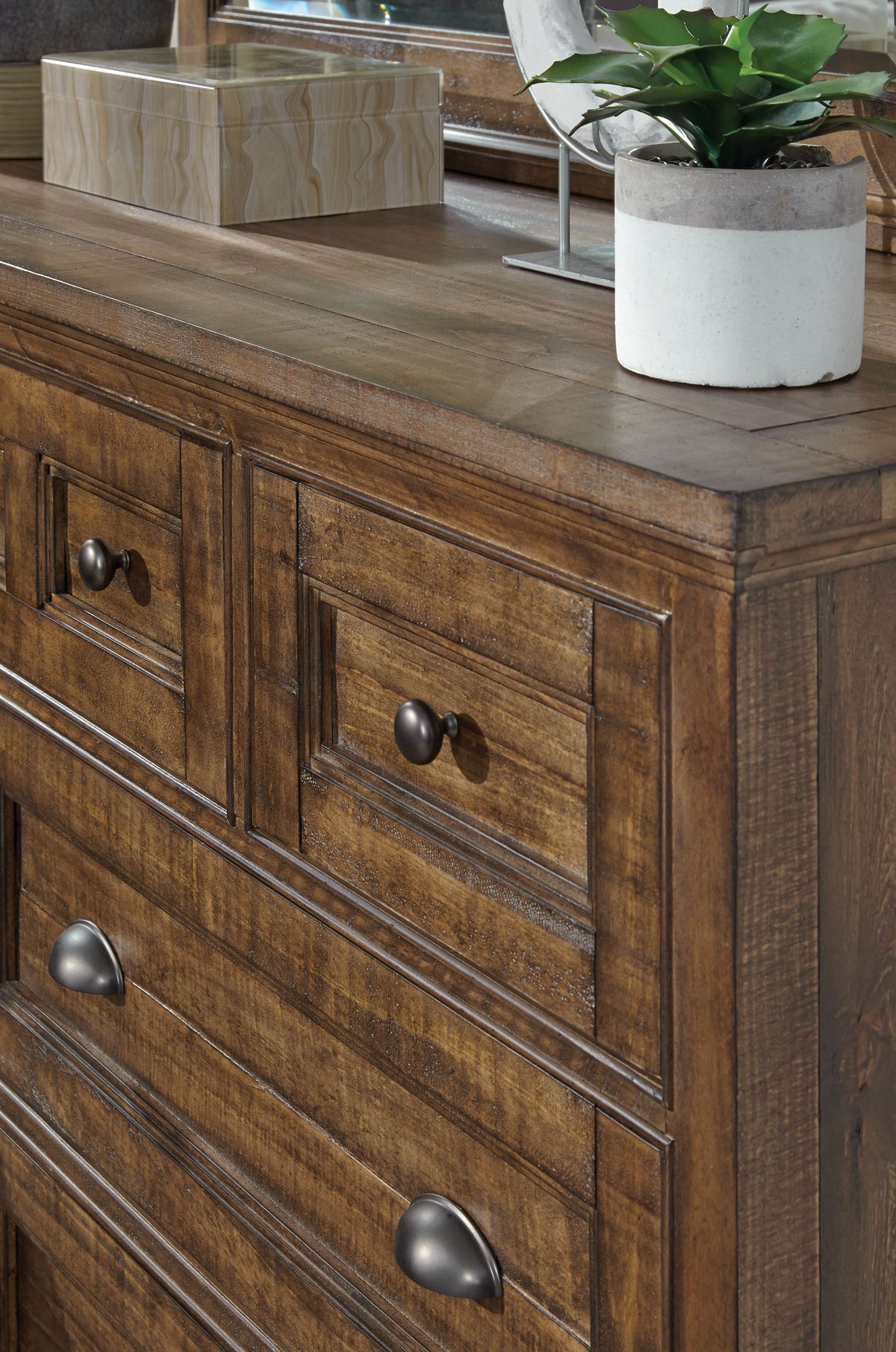 Magnussen Home Bay Creek Toasted Nutmeg King Panel Storage Bed 2 Small Nightstands Drawer Dresser With Landscape Mirror And Door Chest