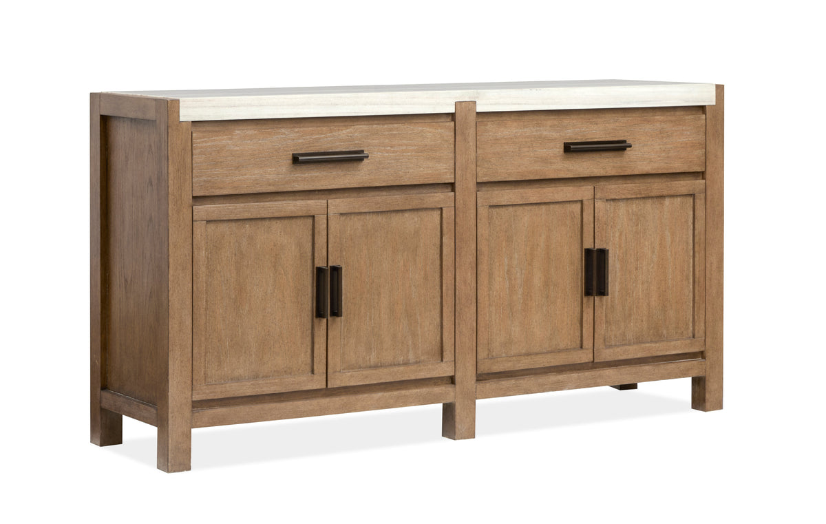 Magnussen Home Plum Creek Sierra Brown Rectangular Dining Table With 2 Benches Server And Display Cabinet