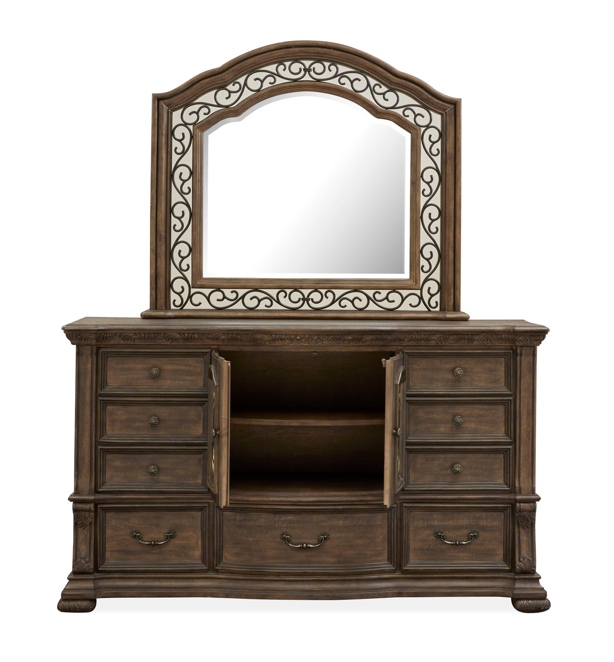 Magnussen Home Durango Willadeene Brown California King Upholstered Sleigh Storage Bed 2 Nightstands Drawer Dresser With Shaped Mirror And Drawer Chest