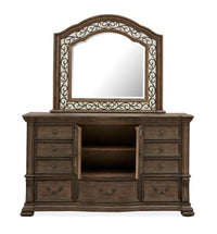 Magnussen Home Durango Willadeene Brown California King Upholstered Sleigh Storage Bed 2 Nightstands Drawer Dresser With Shaped Mirror And Drawer Chest