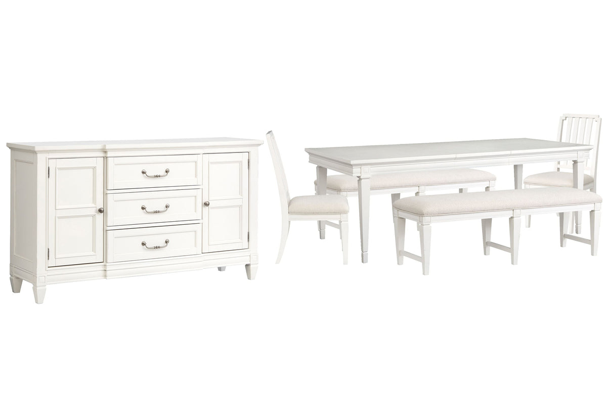 Magnussen Home Willowbrook Egg Shell White Extendable Rectangular Dining Table With 2 Upholstere Benches 2 Side Chairs And Buffet